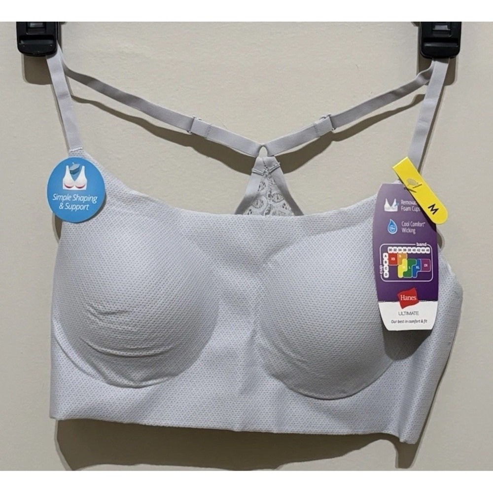 Hanes Ultimate Light Gray Simple Shaping Support Bra Size M Removable Foam Cups